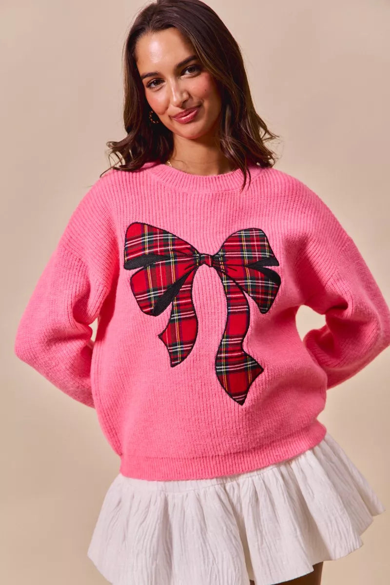 SO ME Checker Plaid Ribbon Christmas Holiday Sweater | Sweaters Daverri Fashions