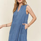 ADORA notched sleeveless denim dress in medium blue wash with pockets