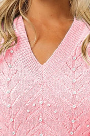 BiBi Blush Chevron Pointelle Pearl Knit Top | Tops Daverri Fashions
