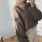 Cozy oversized beige ribbed-knit turtleneck sweater, plus size