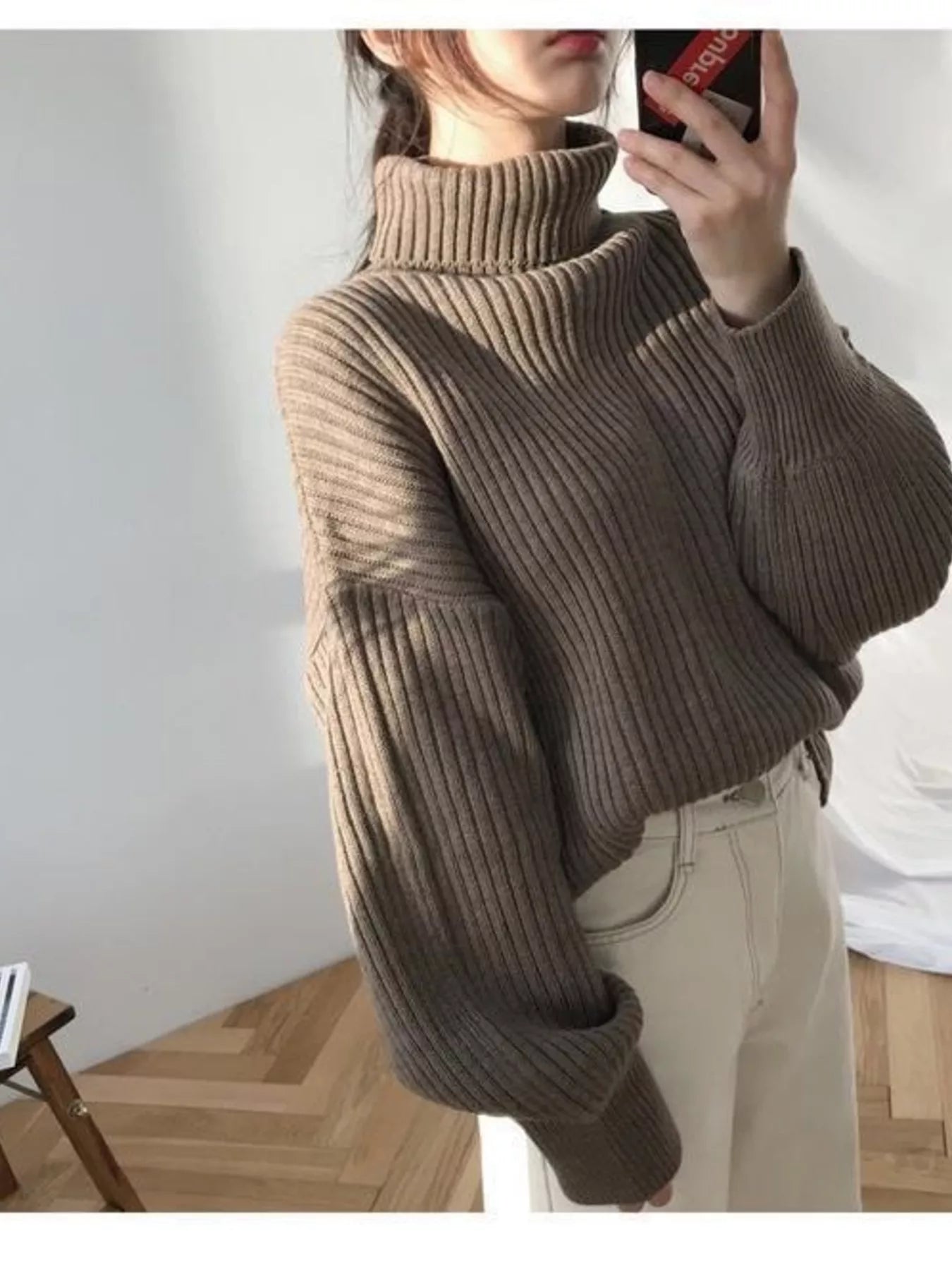 Cozy oversized beige ribbed-knit turtleneck sweater, plus size