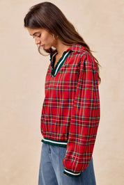 Red plaid flannel BiBi Christmas collared top with ruffles