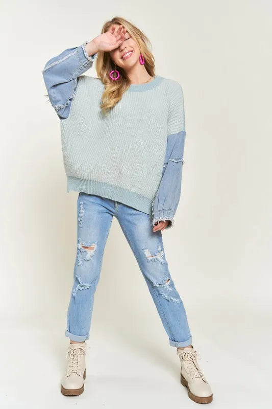 ADORA Plus Size Frayed Denim Sleeve Sweater Top Sweaters