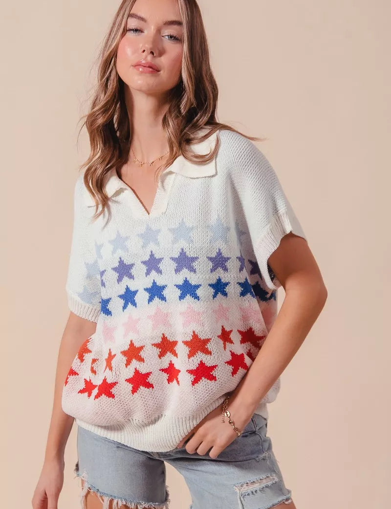 IVORY COMBO SO ME Fourth Of July Stars Loose Fit Knit Top | Sweaters Daverri Fashions