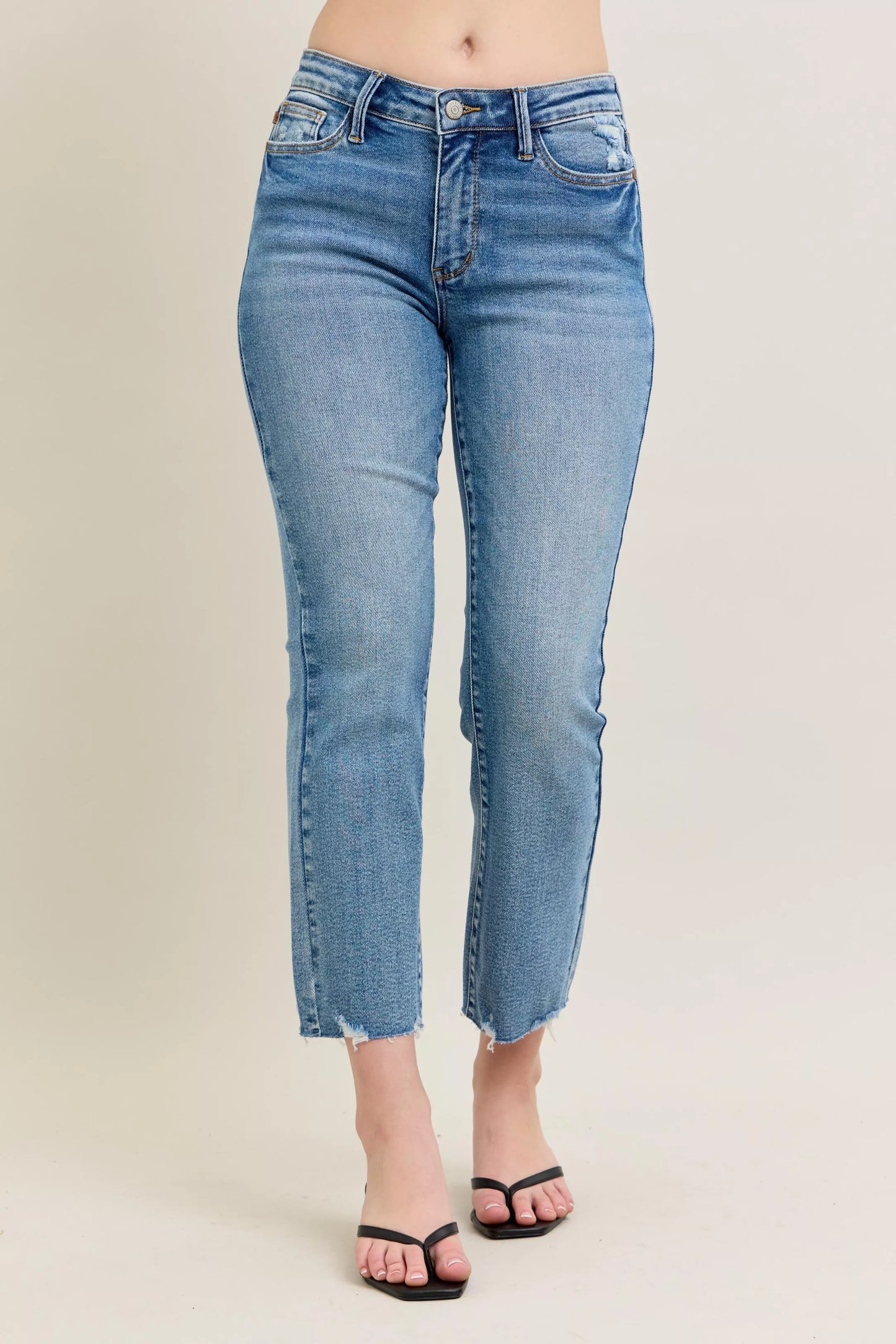 Judy Blue vintage wash destroy hem kick flare light blue jeans