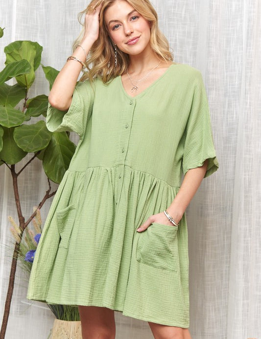 ADORA V-Neck Half Sleeve Dress with Pockets DUSTY GREEN