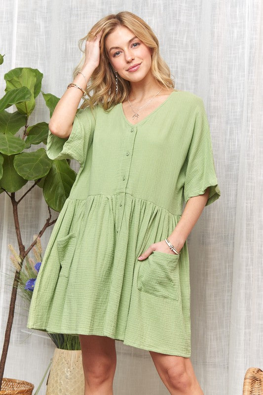 ADORA V-Neck Half Sleeve Dress with Pockets DUSTY GREEN