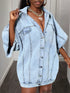 Light-wash oversized batwing sleeve denim shirt dress with button front
