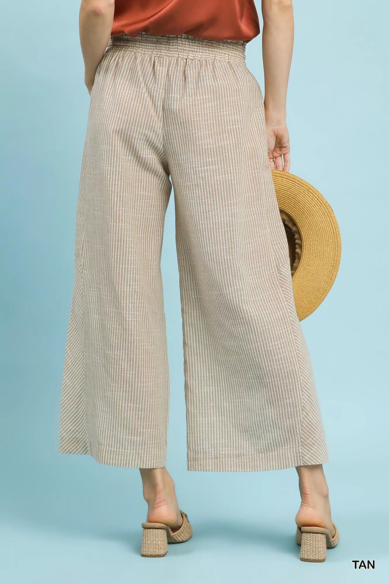 Umgee beige and white striped wide-leg linen blend pants with elastic waistband