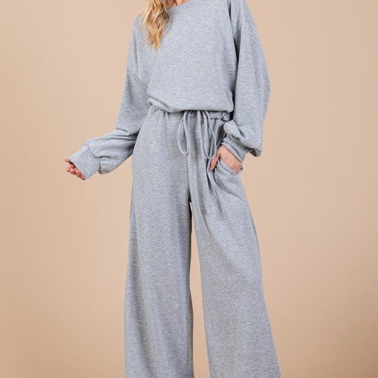 Ces Femme Boat Neck Long Sleeve Drawstring Jumpsuit Gray