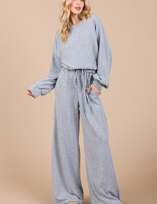 Ces Femme Boat Neck Long Sleeve Drawstring Jumpsuit Gray