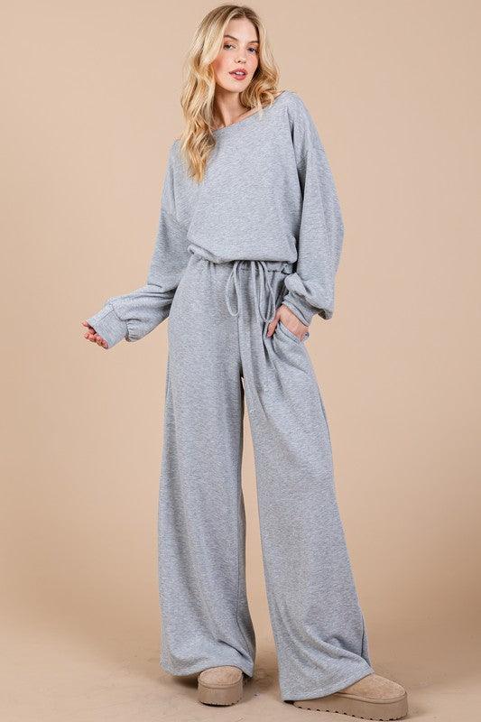 Ces Femme Boat Neck Long Sleeve Drawstring Jumpsuit Gray Jumpsuits