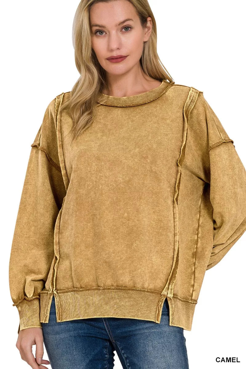 Zenana acid wash French terry sweatshirt in camel color