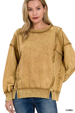 Zenana acid wash French terry sweatshirt in camel color