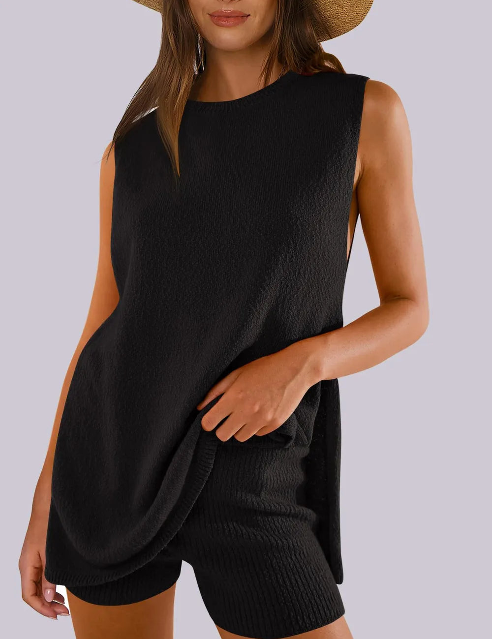 Black Side Slit Round Neck Tank and Ribbed Shorts Sweater Set | Outfit Sets Daverri Fashions