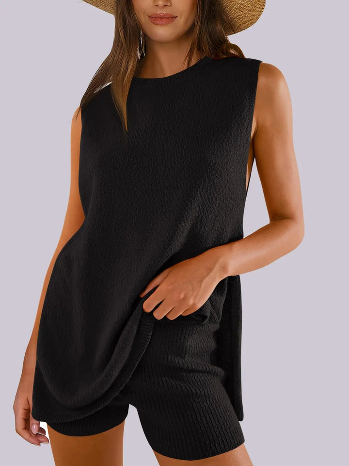 Black Side Slit Round Neck Tank and Ribbed Shorts Sweater Set | Outfit Sets Daverri Fashions