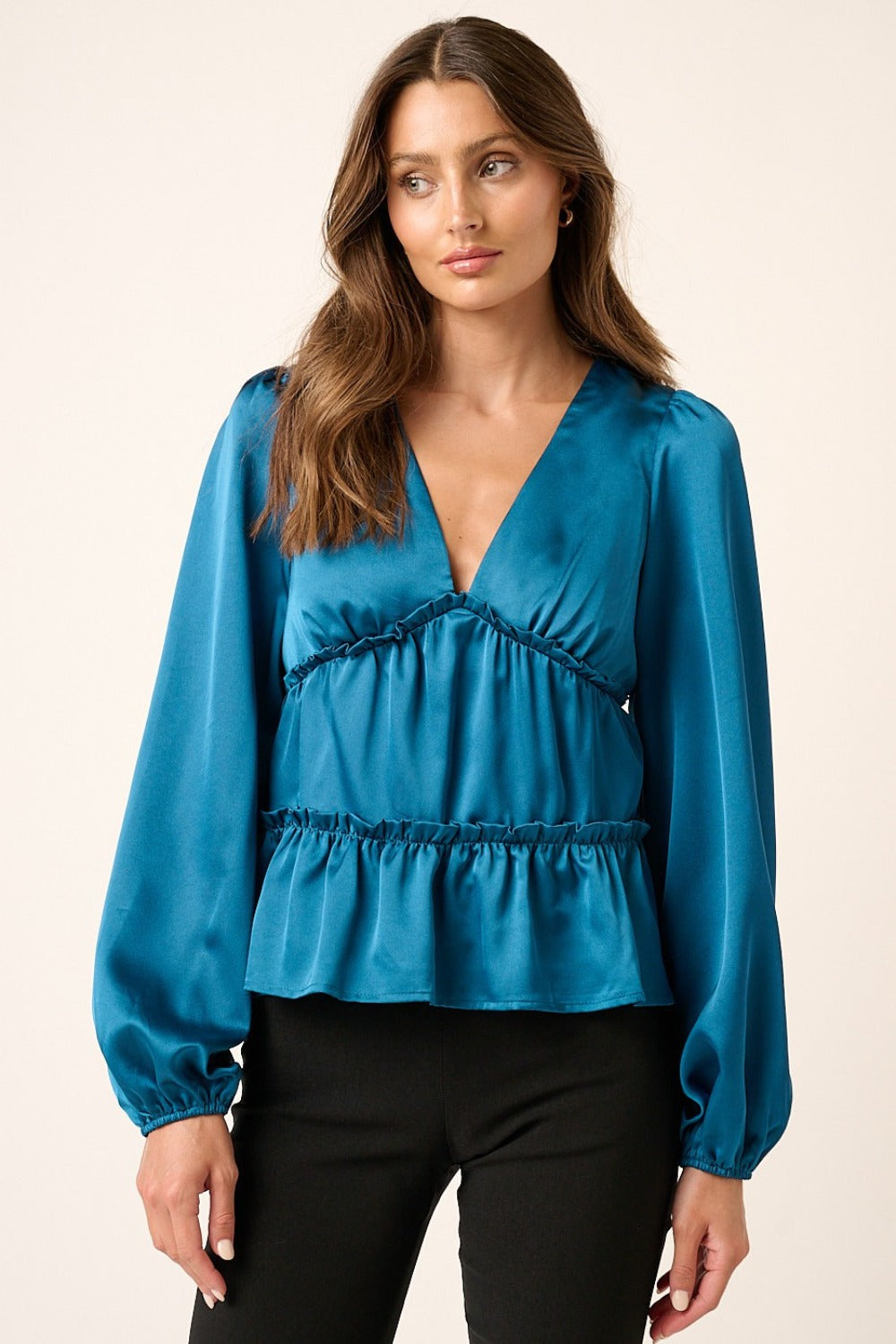 Mittoshop Satin V Neck Ruffled Tier Blouse Teal