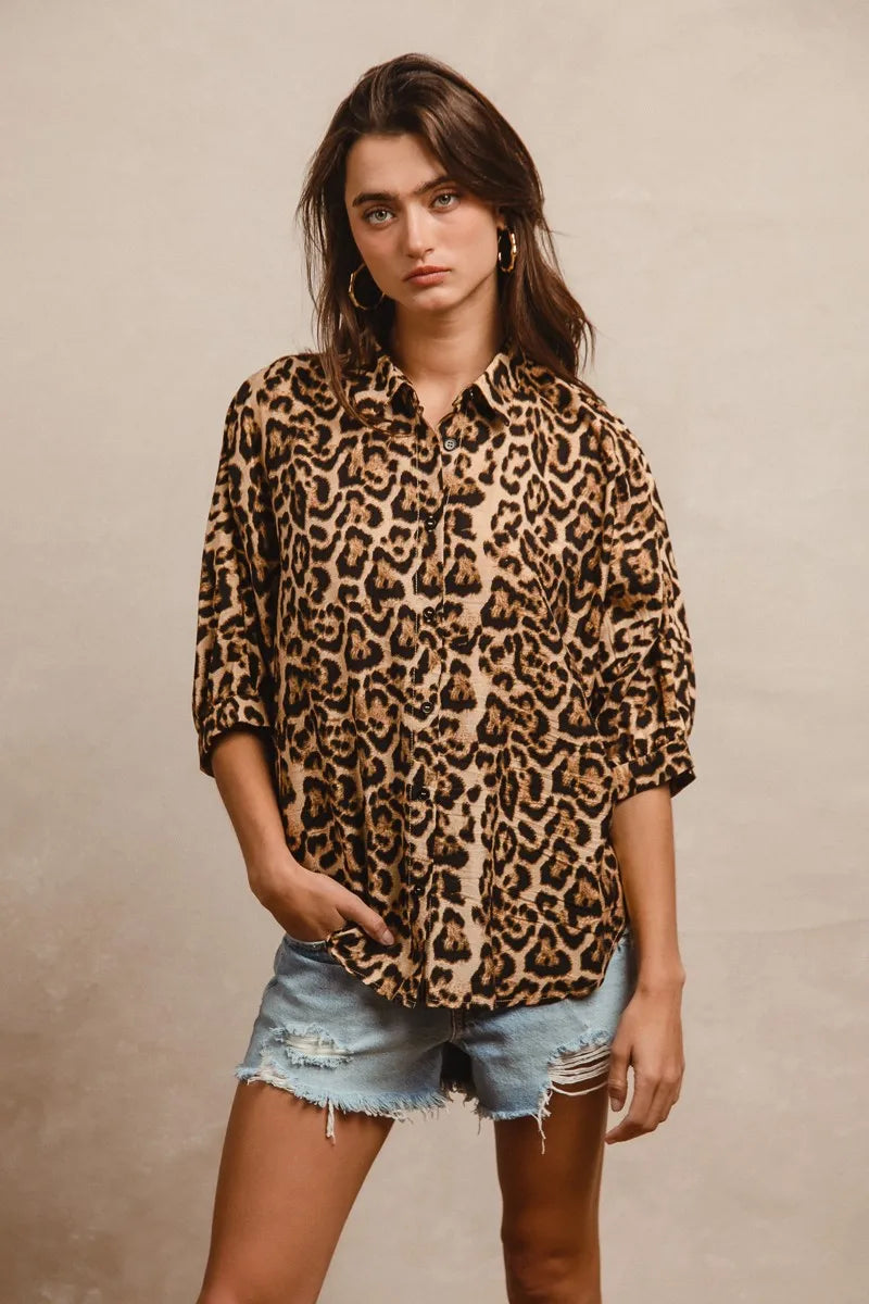 BiBi Leopard Prints Oversized Short Sleeves Top Tops