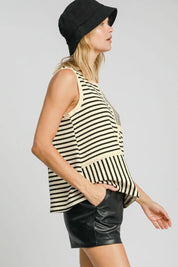 Umgee Round Neck Texture Striped Tank Cream | Tank Tops Daverri Fashions