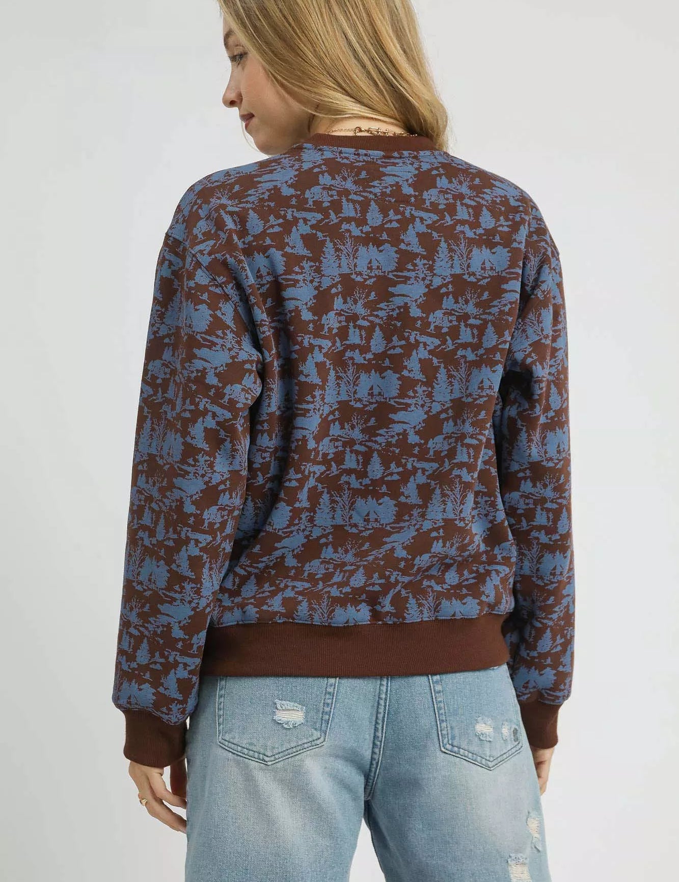 Umgee Scenic Print Cropped Sweatshirt Chocolate | Sweatshirts Daverri Fashions
