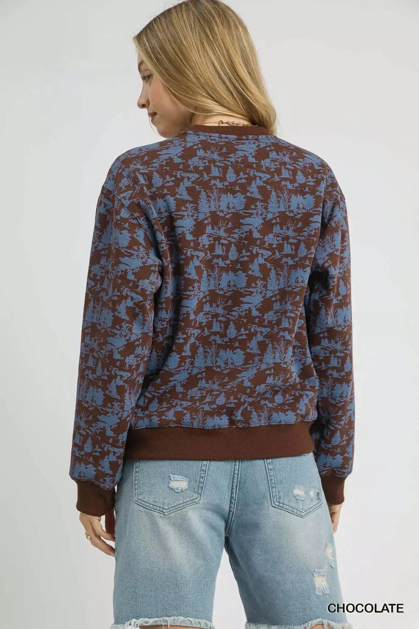 Umgee Scenic Print Cropped Sweatshirt Chocolate - DAVERRI FASHIONS