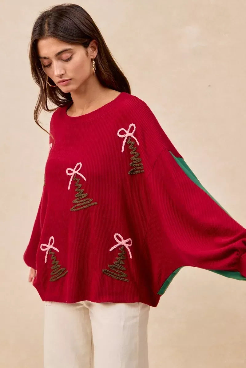 BiBi Christmas Theme Tree Embroidered Sweater - DAVERRI FASHIONS