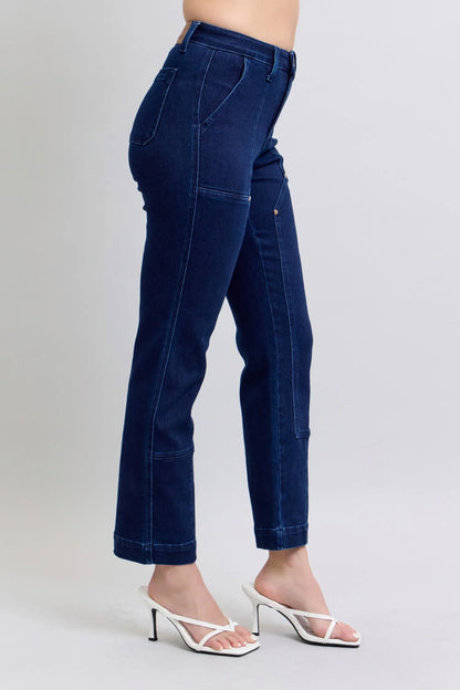 Judy Blue Full Size Hw Work Wear Knee Patch Straight Jeans Plus Size - DAVERRI FASHIONS