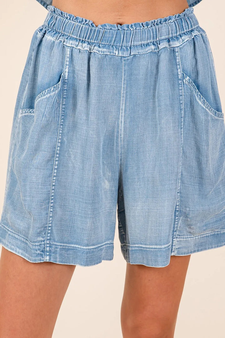 Mittoshop Washed Chambray Elastic Waist Easy Fit Shorts Shorts