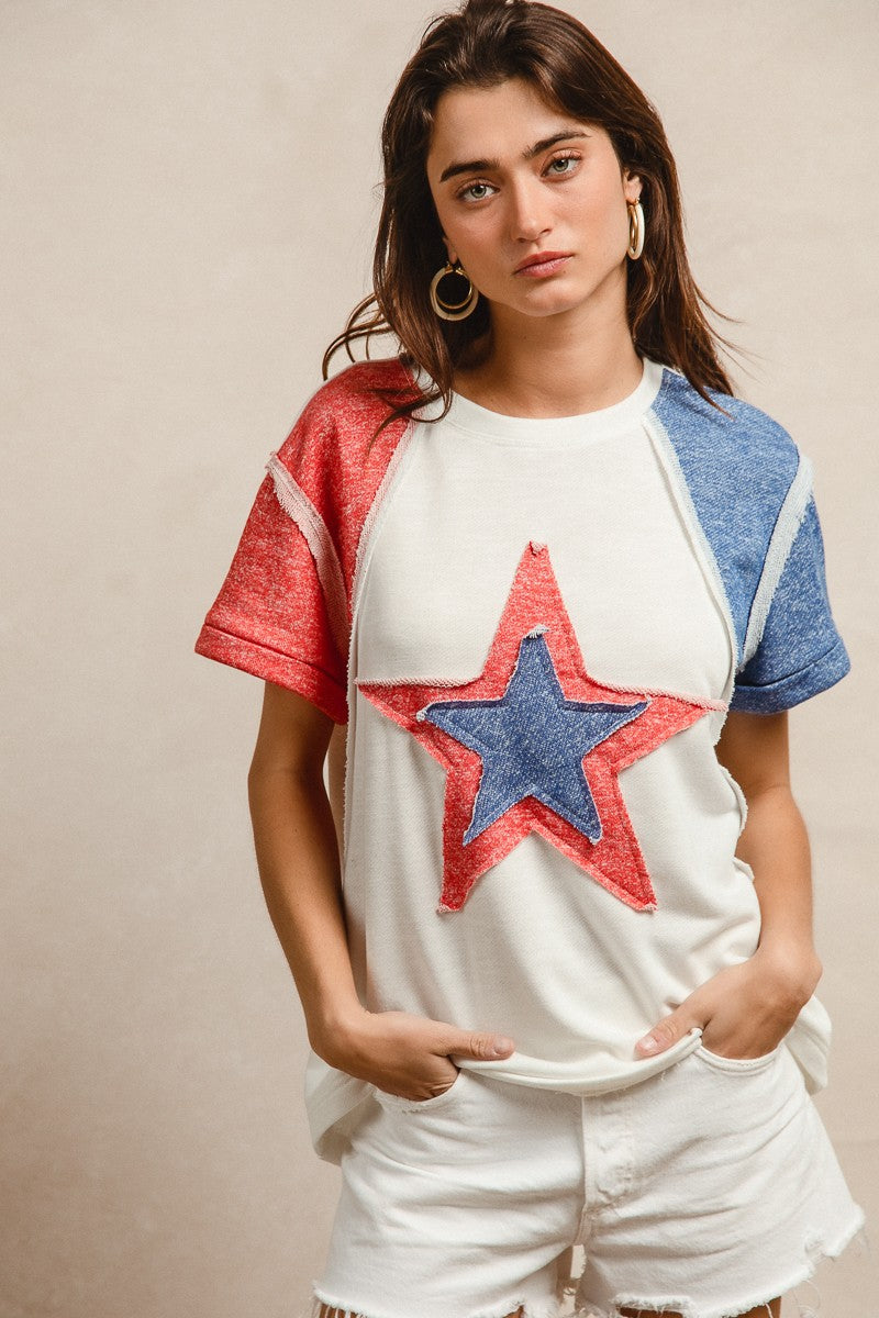 BiBi Fourth of July T-shirt with red blue denim star applique