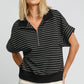 Umgee Striped Half Zip Short Sleeve Sweatshirt Black Sweatshirts