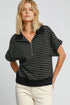 Umgee Striped Half Zip Short Sleeve Sweatshirt Black Sweatshirts