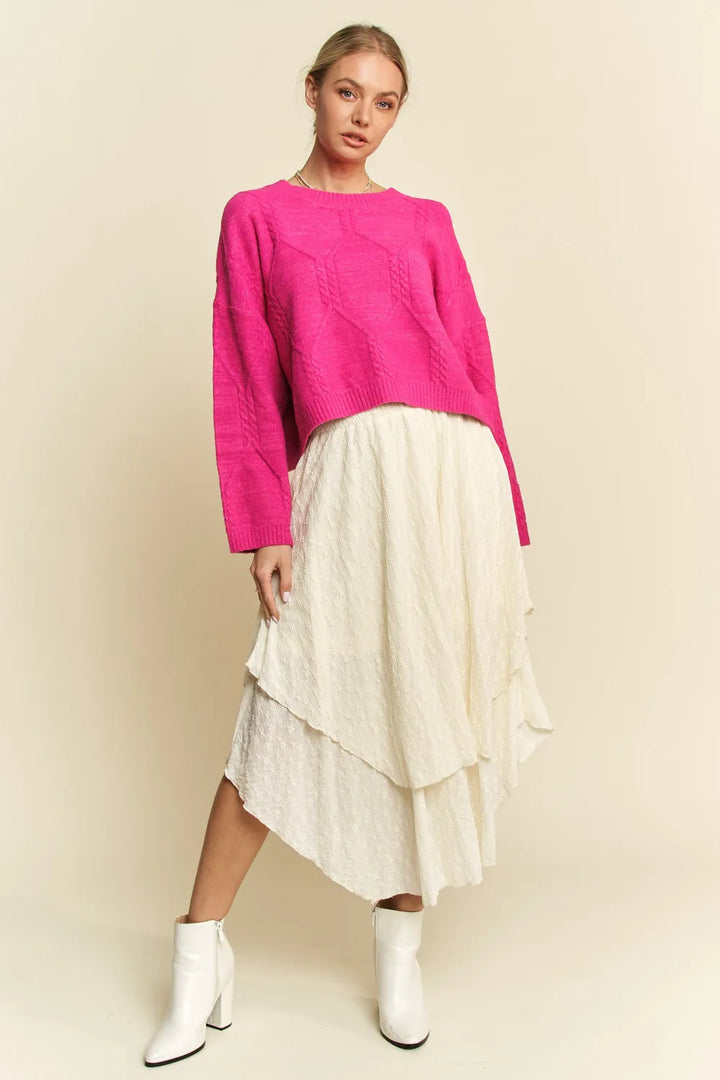 Davi & Dani Diamond Cable Pattern Drop Shoulder Sweater | Sweaters Daverri Fashions
