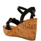 Emelda Cushion Chain Pin Buckle black leather strap wedge sandal with textured cork sole
