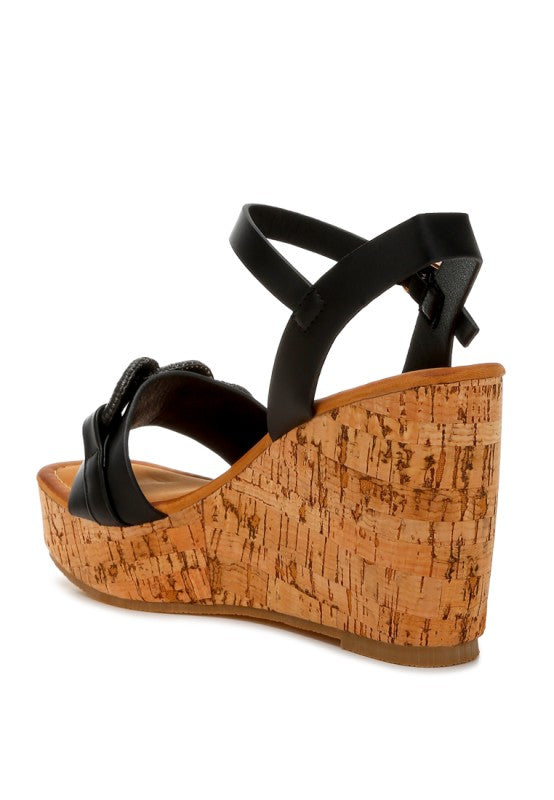 Emelda Cushion Chain Pin Buckle black leather strap wedge sandal with textured cork sole