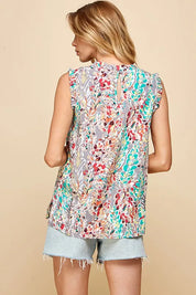 Lime 'N' Chili Full Size Graphic Print Ruffle Trim Mock Neck Sleeveless Top Plus Size | Tops Daverri Fashions