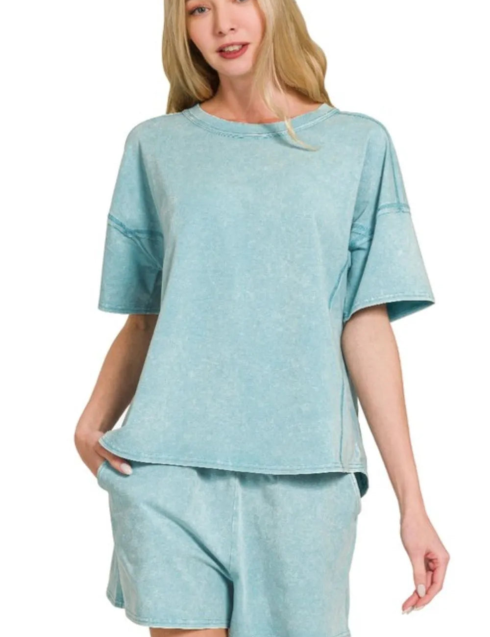 DUSTY TEAL M Zenana Acid Washed Short Sleeve Tee & Shorts Set | Outfit Sets Daverri Fashions