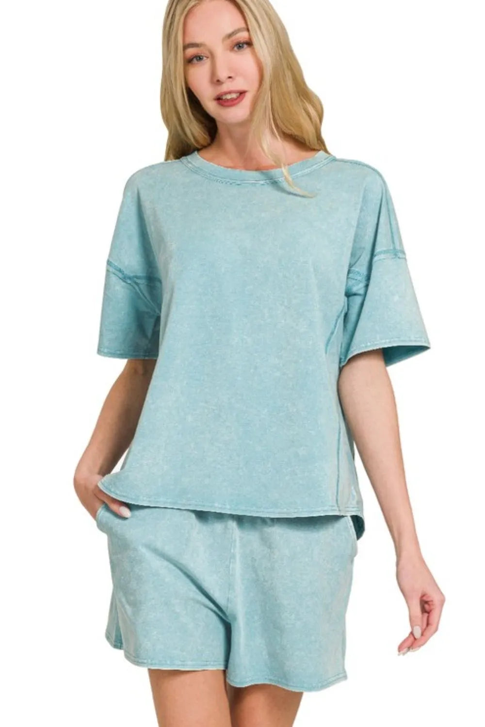 Zenana Acid Washed Short Sleeve Tee & Shorts Set DUSTY TEAL M Outfit Sets