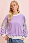 BiBi lavender white striped patchwork sweatshirt with floral sleeve