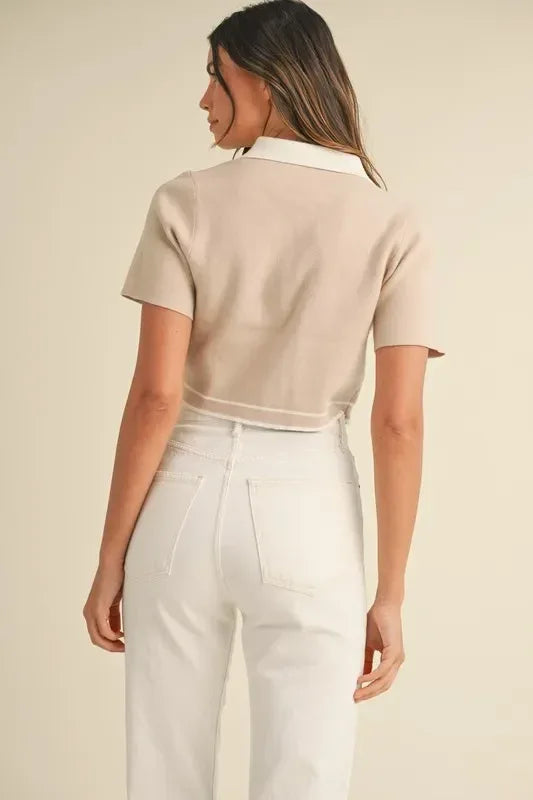 MABLE Button Down Contrast Collared Knit Cardigan - DAVERRI FASHIONS