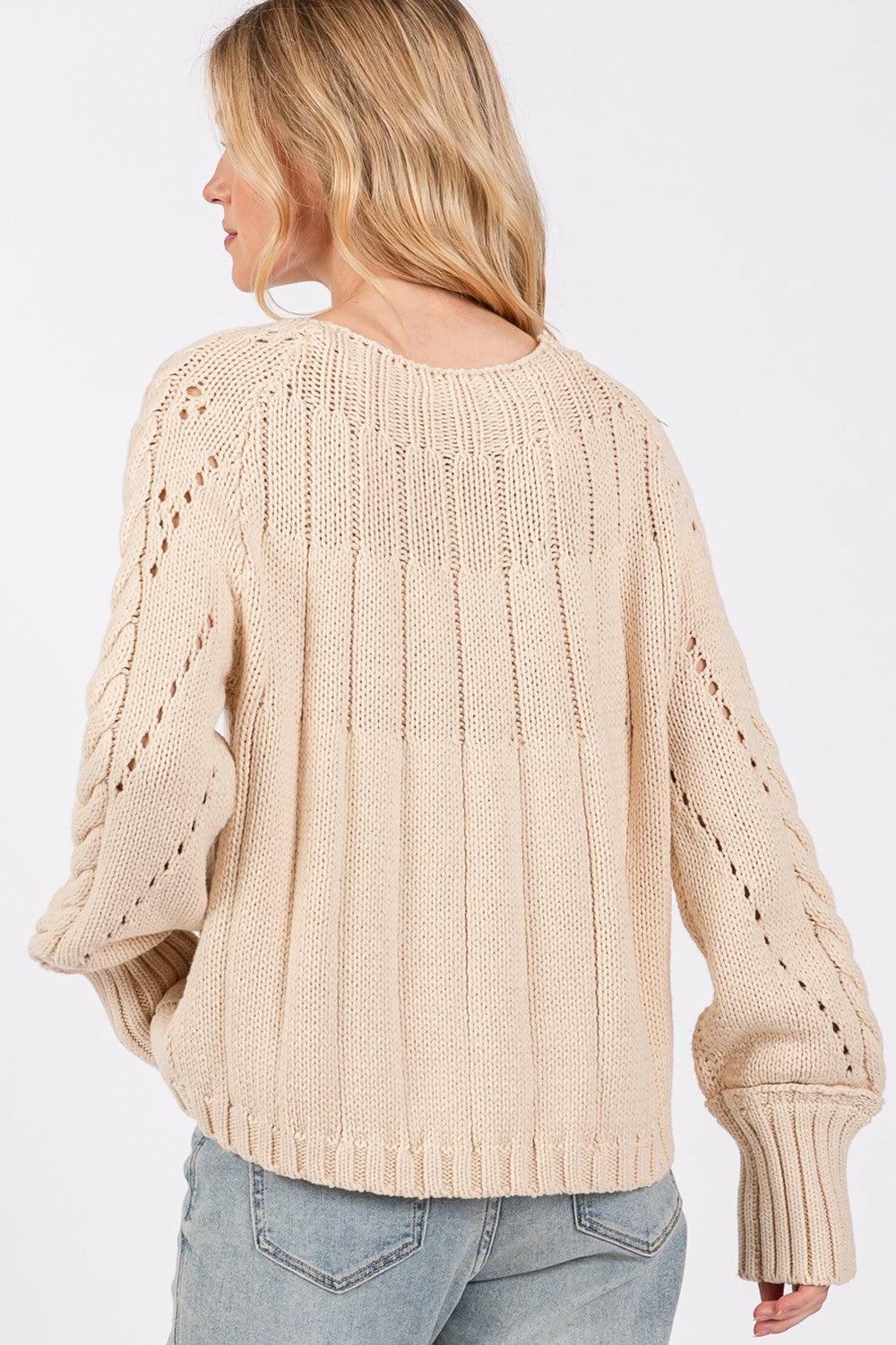 SAGE + FIG Cable-Knit Long Sleeve Sweater Natural - DAVERRI FASHIONS