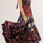 Floral tiered maxi dress in dark burgundy velvet with mixed print