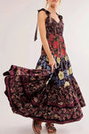 Floral tiered maxi dress in dark burgundy velvet with mixed print