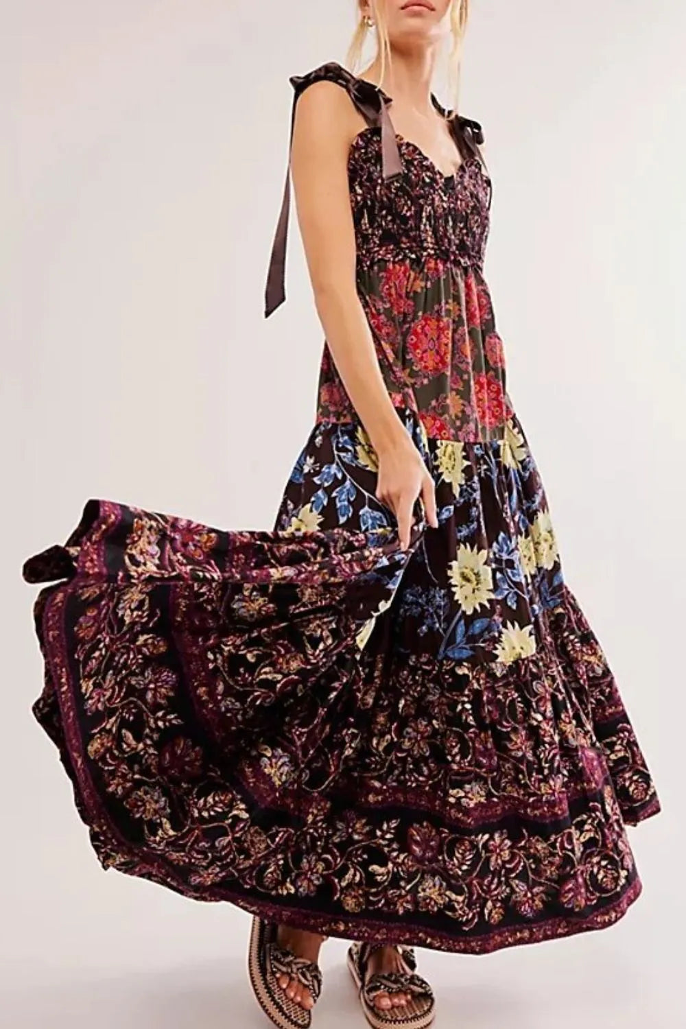 Floral tiered maxi dress in dark burgundy velvet with mixed print