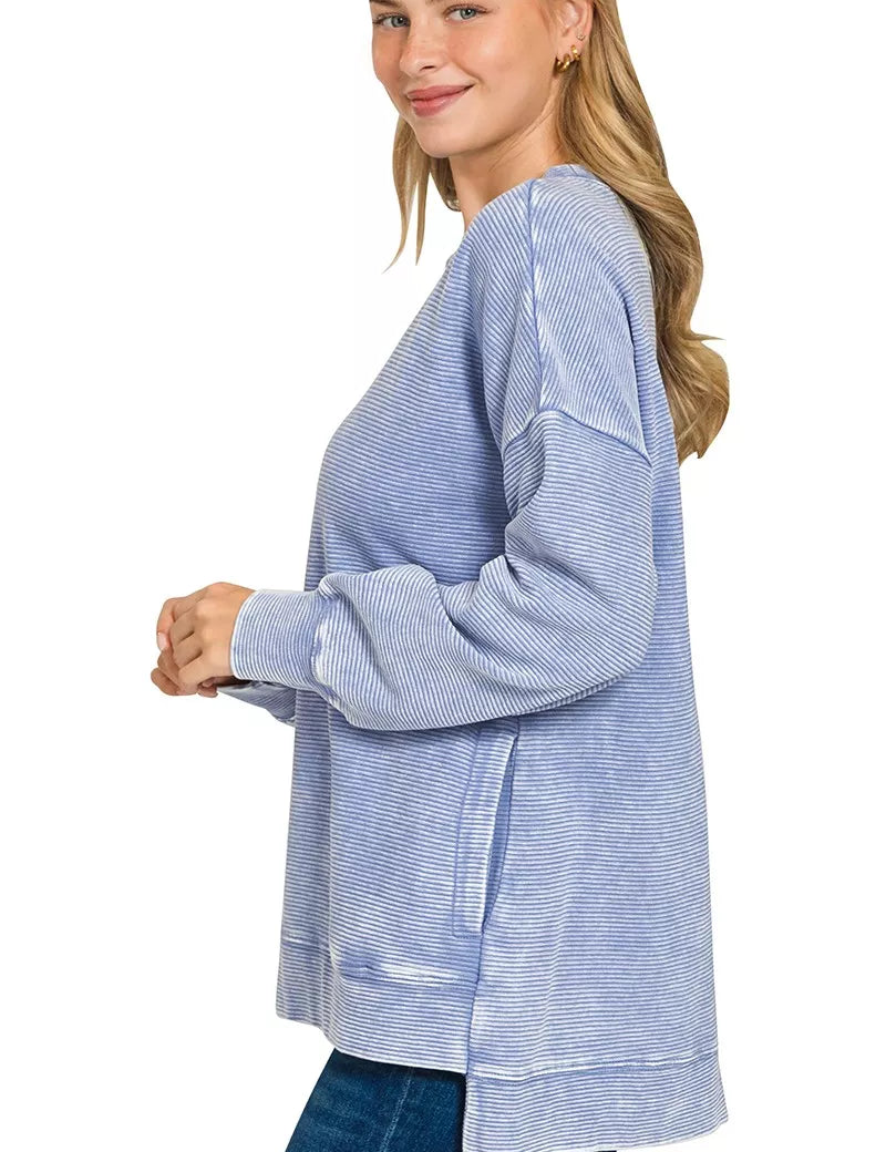 Zenana Full Size Acid Washed Double Ribbed Hi-low Sweatshirt Plus Size | Sweatshirts Daverri Fashions