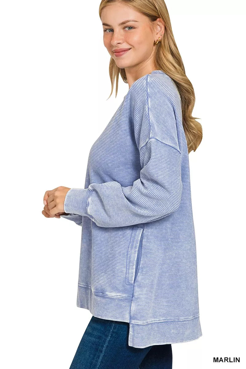 Zenana Full Size Acid Washed Double Ribbed Hi-low Sweatshirt Plus Size | Sweatshirts Daverri Fashions