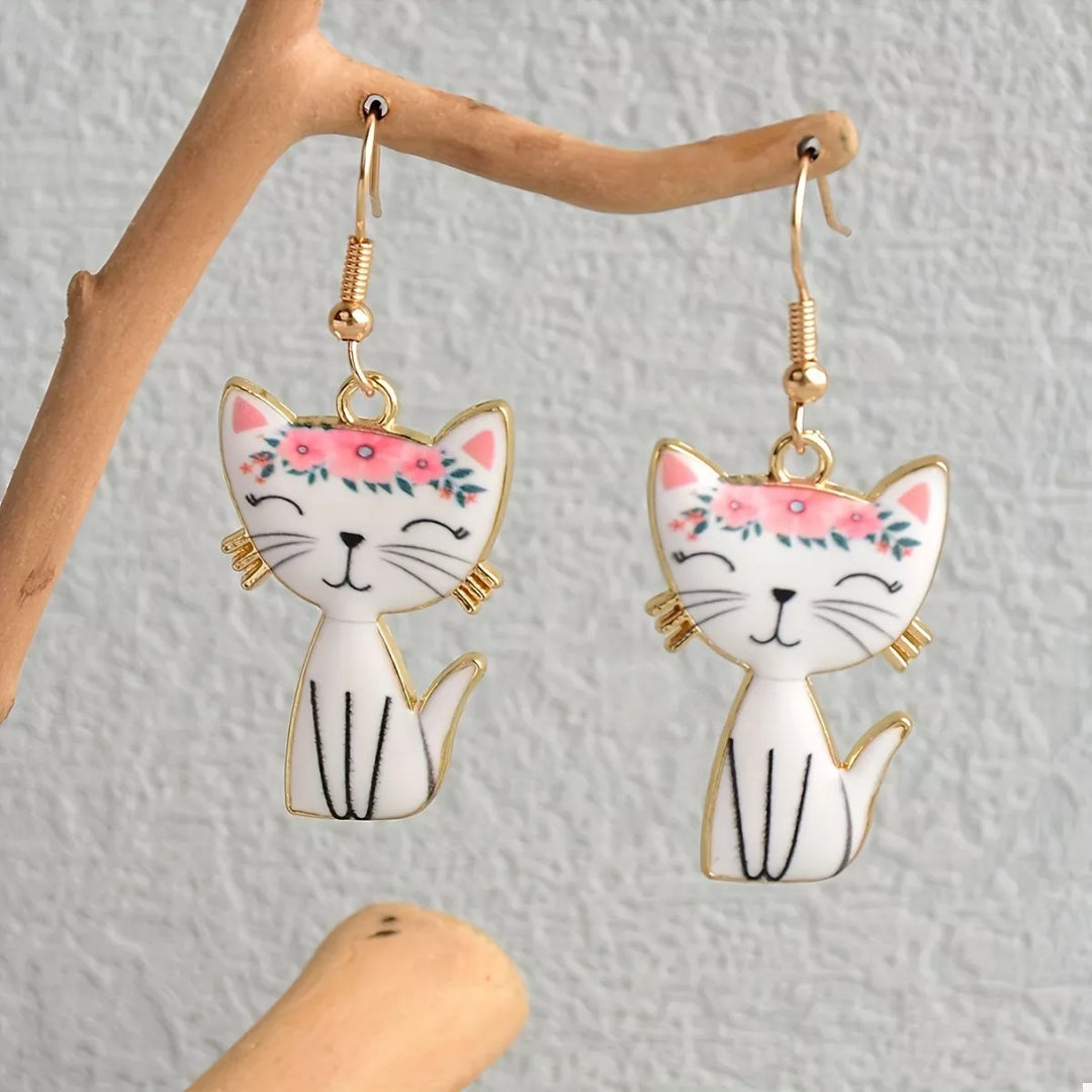 White onesize Colorful Cat Dangle Earrings | Earrings Daverri Fashions