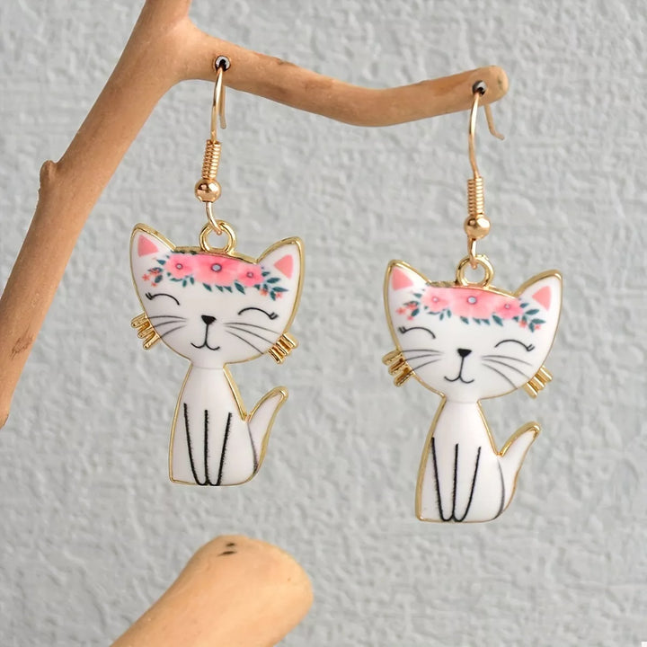 White onesize Colorful Cat Dangle Earrings | Earrings Daverri Fashions