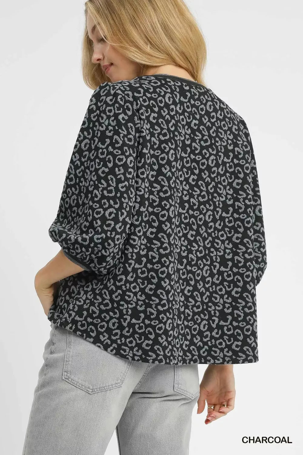 Umgee Leopard Print Jacquard Blouse with Puff Sleeves | Blouses Daverri Fashions