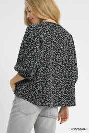 Umgee Leopard Print Jacquard Blouse with Puff Sleeves | Blouses Daverri Fashions
