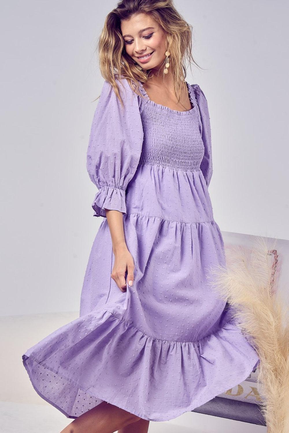 BiBi Swiss Dot Flounce Sleeve Smocked Tiered Midi Dress Lavender